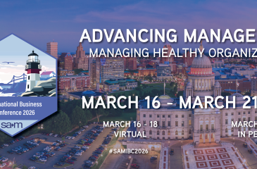 Promotional banner for the Society for Advancement of Management's 2026 International Business Conference, themed "Advancing Management: Managing Healthy Organizations." The conference dates are March 16 to March 21, 2026, with virtual sessions from March 16 to 18 and in-person sessions from March 19 to 21. The background features a vibrant cityscape with the Rhode Island State House prominently shown, and the SAM conference logo with a lighthouse and ocean scene. Hashtag: #SAMIBC2026.