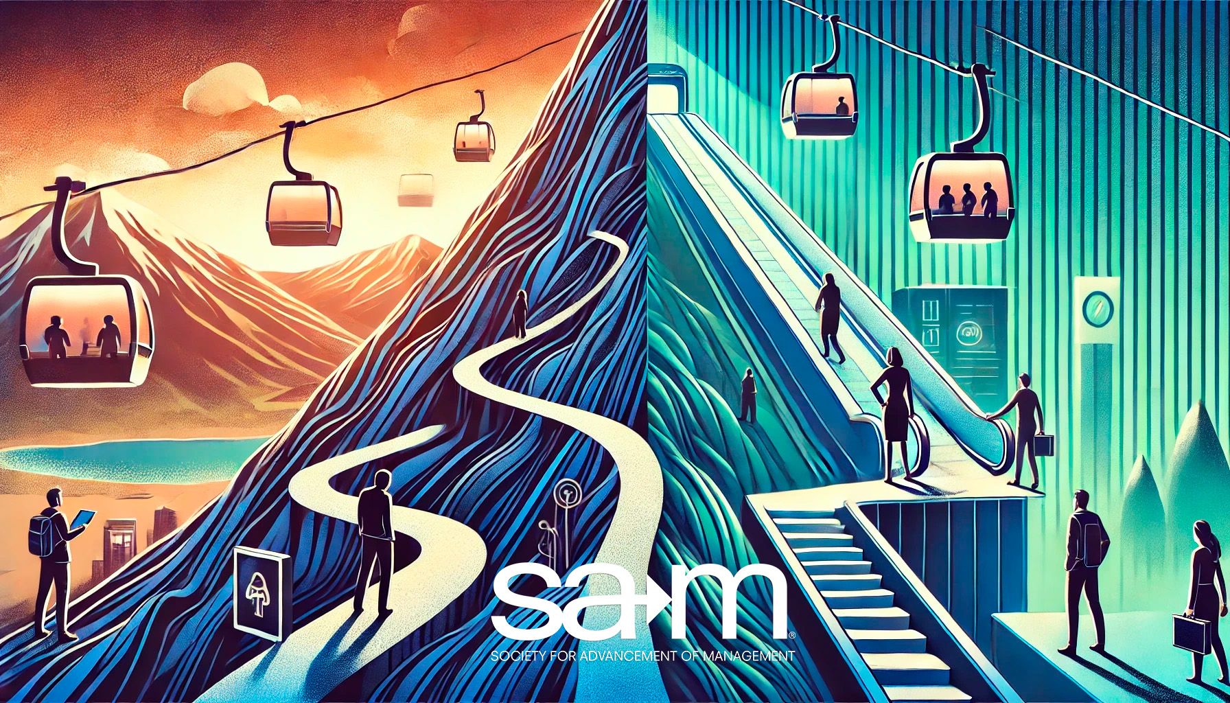 A digital illustration visually contrasts effort and ease in decision-making. The left side features a steep mountain with a winding, difficult path, symbolizing high effort and resistance to change, with a person hesitating at the base. The right side showcases a smooth, direct path with a ski lift or escalator, representing low effort and ease of adoption, with people effortlessly moving upward. The background includes a modern business environment, subtly hinting at workplace innovation and technology. The color palette transitions from dark and challenging on the left to bright and inviting on the right, emphasizing the difference in effort.