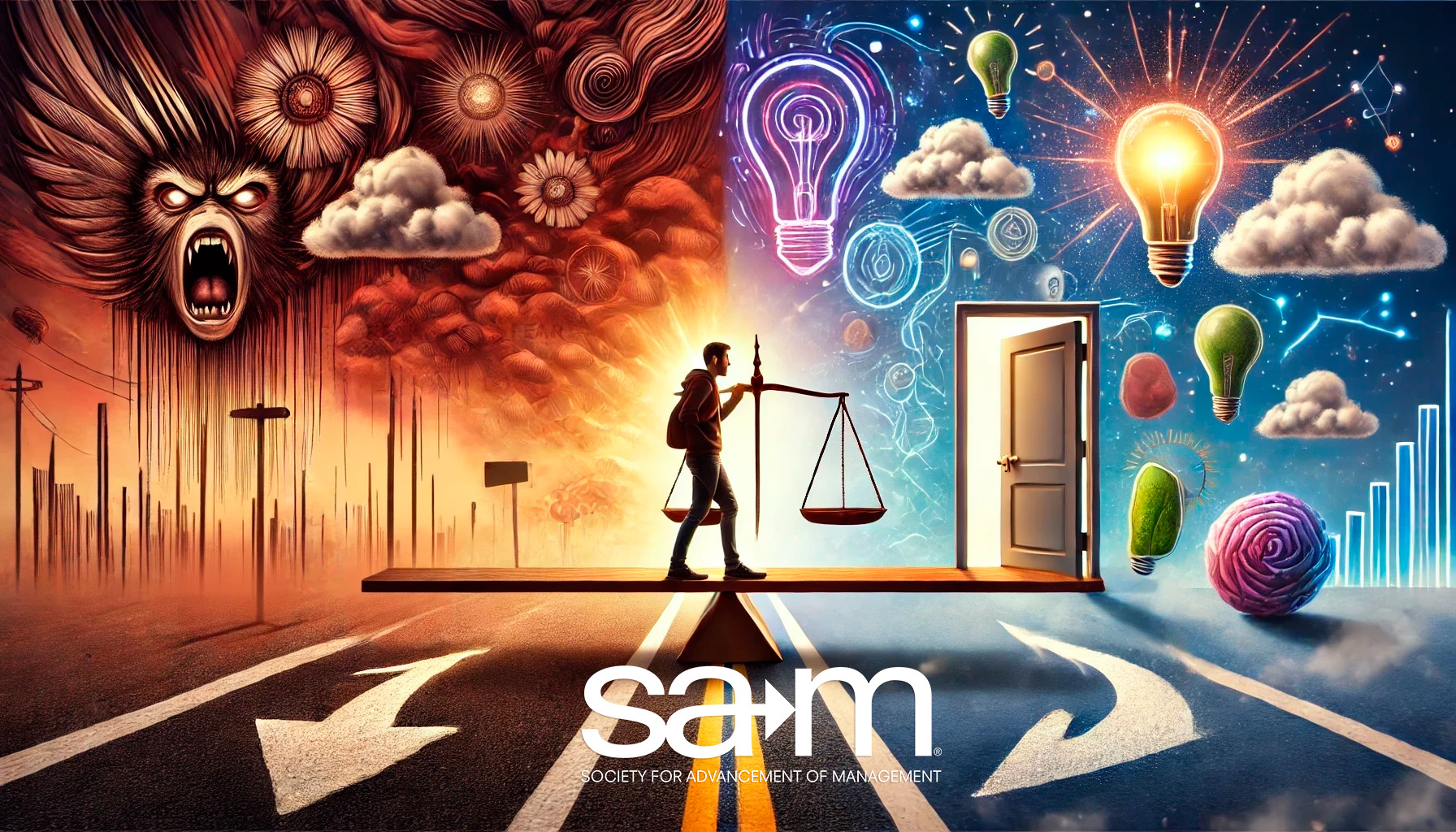 A conceptual digital illustration of decision-making influenced by emotions. The image is divided into two contrasting sections: the left side, depicted in dark tones, represents fear and hesitation with abstract roadblocks, a hesitant figure, and stormy clouds. The right side, in bright tones, symbolizes excitement and progress, featuring a confident individual stepping forward, glowing light bulbs representing innovation, and an open door leading to new opportunities. At the center, a person balances emotions like fear, uncertainty, confidence, and enthusiasm on a scale, illustrating the emotional tug-of-war in decision-making. The visuals blend seamlessly to create a smooth transition between elements.