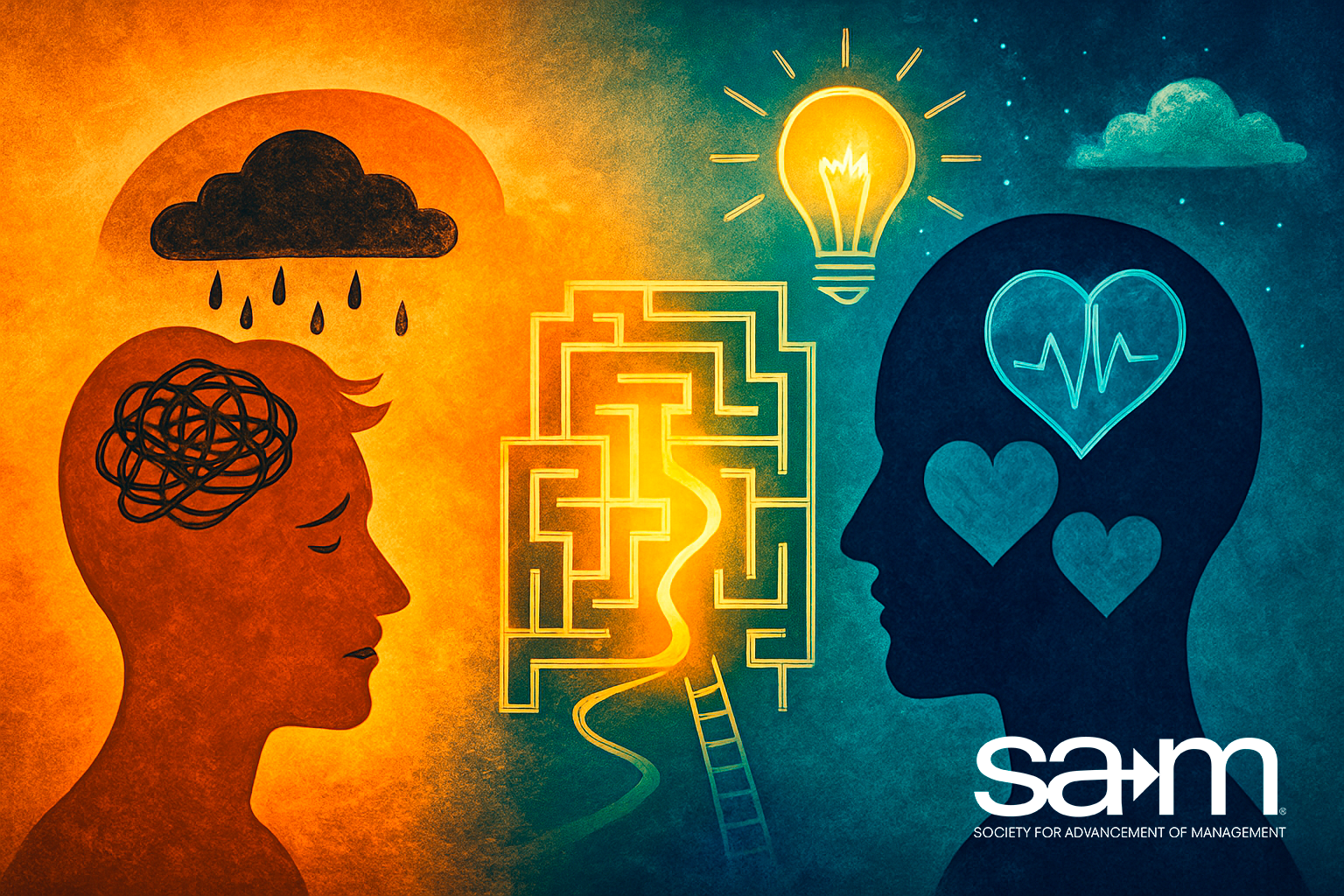 A conceptual digital illustration featuring two silhouetted heads facing each other. The left head, in warm orange tones, has a tangled scribble in the brain area and a raincloud overhead, symbolizing emotional distress. The right head, in cool blue hues, contains a glowing heart and heartbeat symbol, representing emotional clarity and balance. Between the two heads is a glowing yellow maze with a clear path and ladder, leading upward to a bright light bulb, symbolizing the journey from confusion to insight