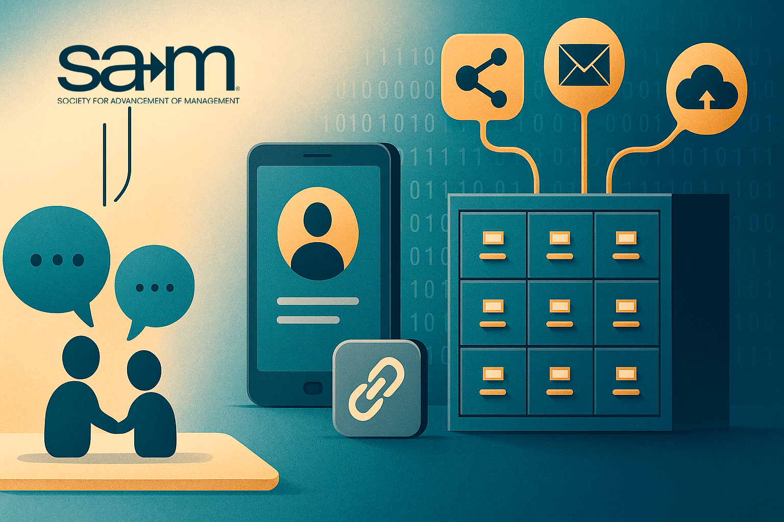 A stylized digital illustration representing professional networking and digital communication. Two abstract human figures shake hands next to floating speech bubbles, symbolizing conversation. A smartphone with a user profile icon, a chain link symbol, and a filing cabinet with icons for sharing, email, and cloud upload emphasize the blend of online and offline connection. The background features binary code and soft gradients of blue and gold, creating a modern, tech-inspired atmosphere.
