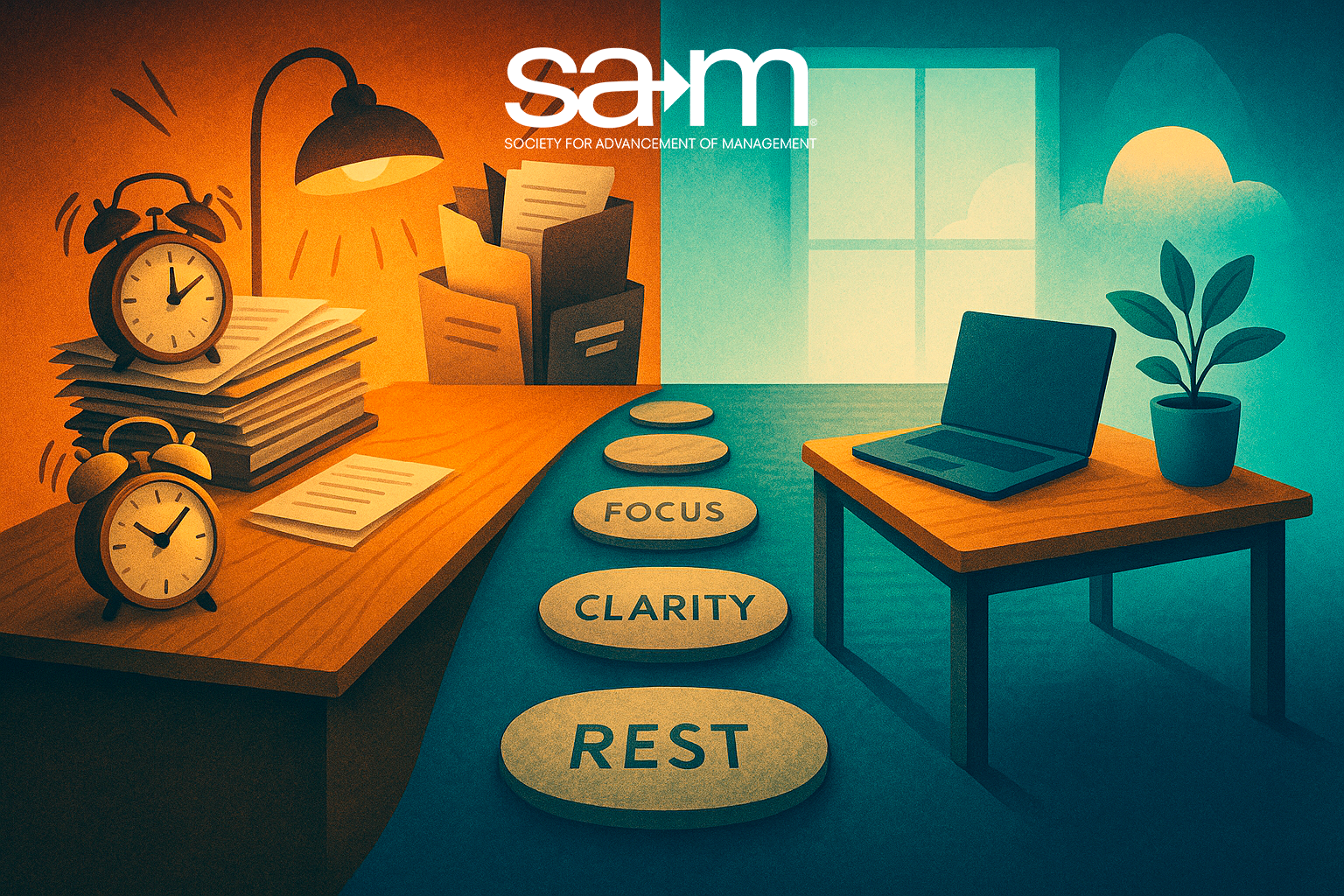 A conceptual digital illustration depicting a split environment. On the left, a cluttered, stormy space is filled with tangled wires, open clocks, and blurred calendars, symbolizing stress and burnout. On the right, a calm, minimalist workspace features organized tools, greenery, and a soft glow of natural light, representing balance and mental clarity. A central pathway connects the two spaces, illustrating the transition from chaos to resilience and wellbeing.