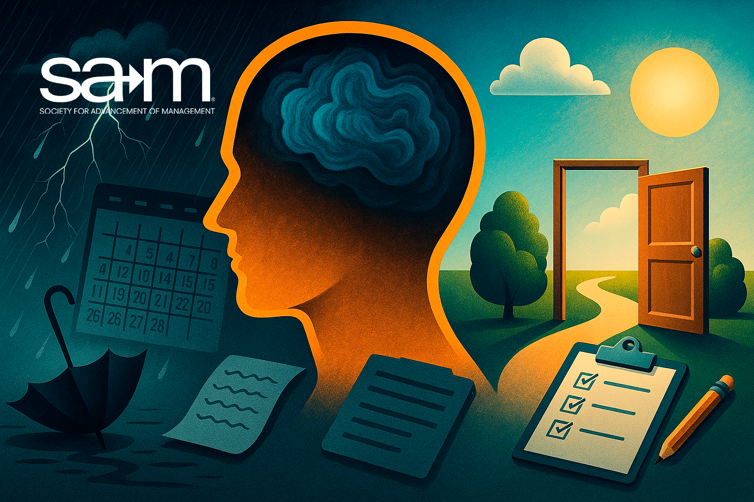A conceptual digital illustration is divided into two environments. On the left, a stormy and cluttered scene features lightning, a wet umbrella, a chaotic calendar, and scattered papers, symbolizing stress and burnout. On the right, a calm and sunny path leads through an open door into a bright landscape with trees and clouds, representing wellness and balance. At the center, a human head silhouette filled with swirling clouds visually connects both sides, emphasizing the internal experience of mental health at work.