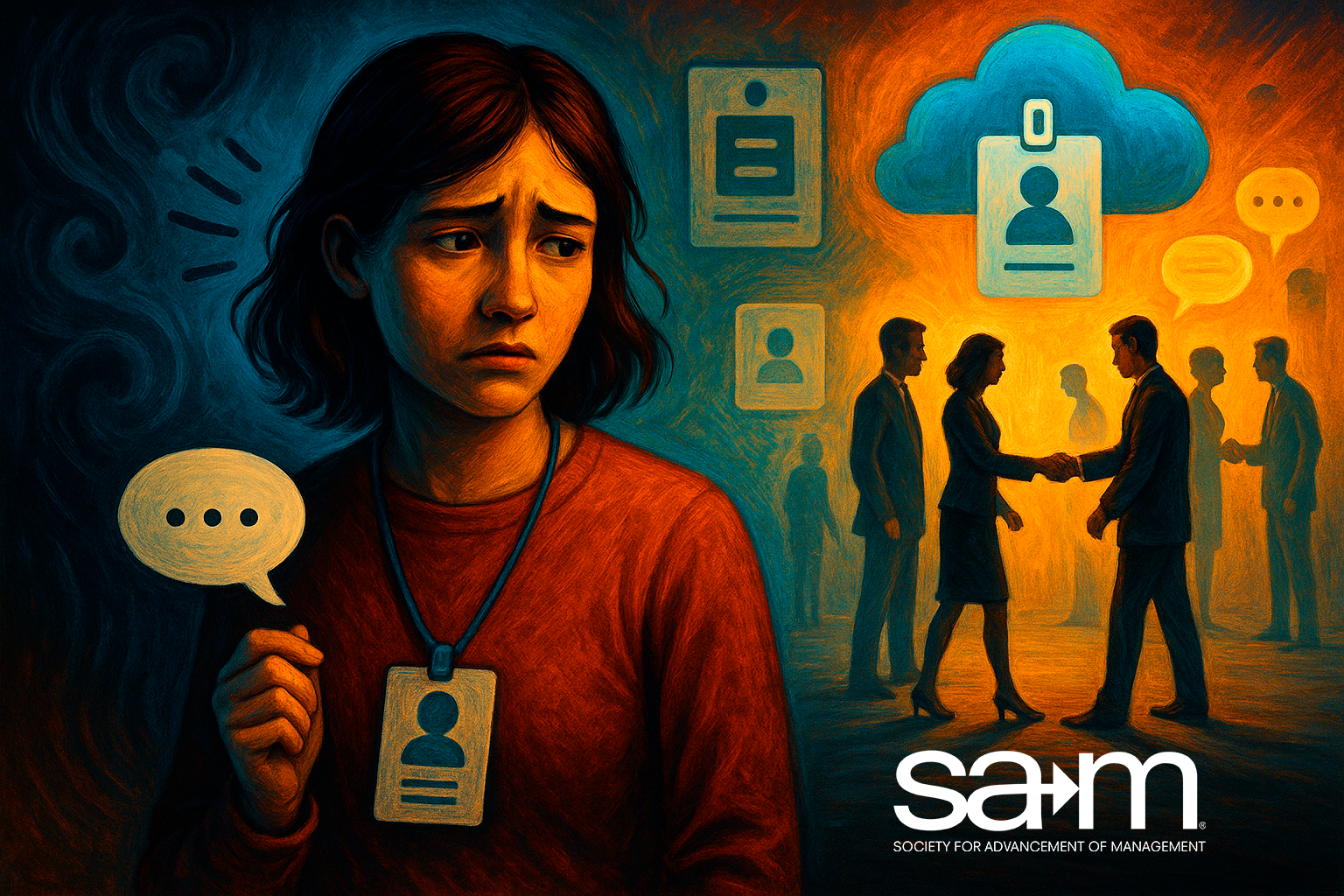A symbolic digital painting of a young woman with a worried expression, wearing a red sweater and an ID badge, holding a speech bubble with ellipsis. She stands in the foreground surrounded by swirling blue tones representing social anxiety. In the background, warmly lit business professionals engage in conversation and handshakes beneath a glowing cloud icon with floating ID badges, symbolizing networking and digital connection. The contrasting color tones emphasize the emotional divide between internal anxiety and external social interaction.