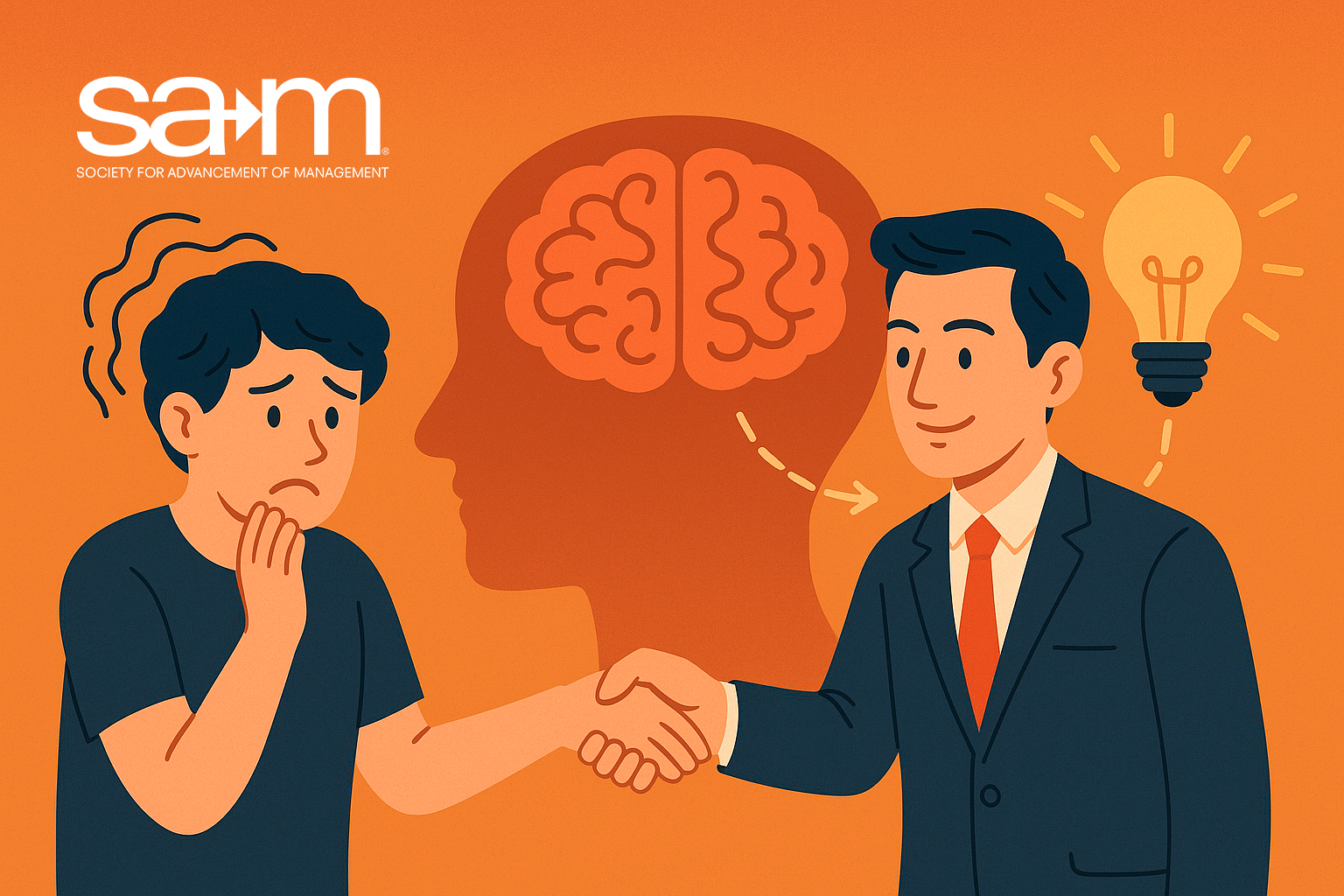 A flat-style digital illustration shows two individuals against a warm orange background. On the left, a young person appears anxious with a nervous expression and hunched posture. On the right, a confident professional in a suit extends a handshake. Between them is a large silhouette of a head with a brain inside, and arrows connecting both individuals, symbolizing a shift in mindset. A glowing lightbulb near the confident person represents insight and growth, suggesting the transformation of anxiety into meaningful social engagement.
