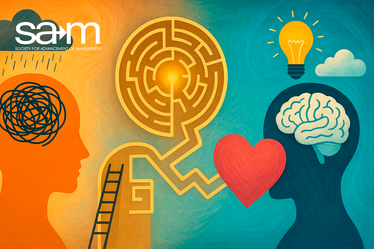 Conceptual illustration representing mental health, featuring two silhouetted heads. The left head is orange with a chaotic scribble under a raincloud, symbolizing confusion and emotional distress. The right head is dark blue with a clear brain and heart, representing clarity and emotional balance. Between them is a glowing maze with a path and ladder, illustrating the journey from struggle to understanding. A light bulb, clouds, and vibrant colors reinforce the transition from darkness to insight and wellbeing.