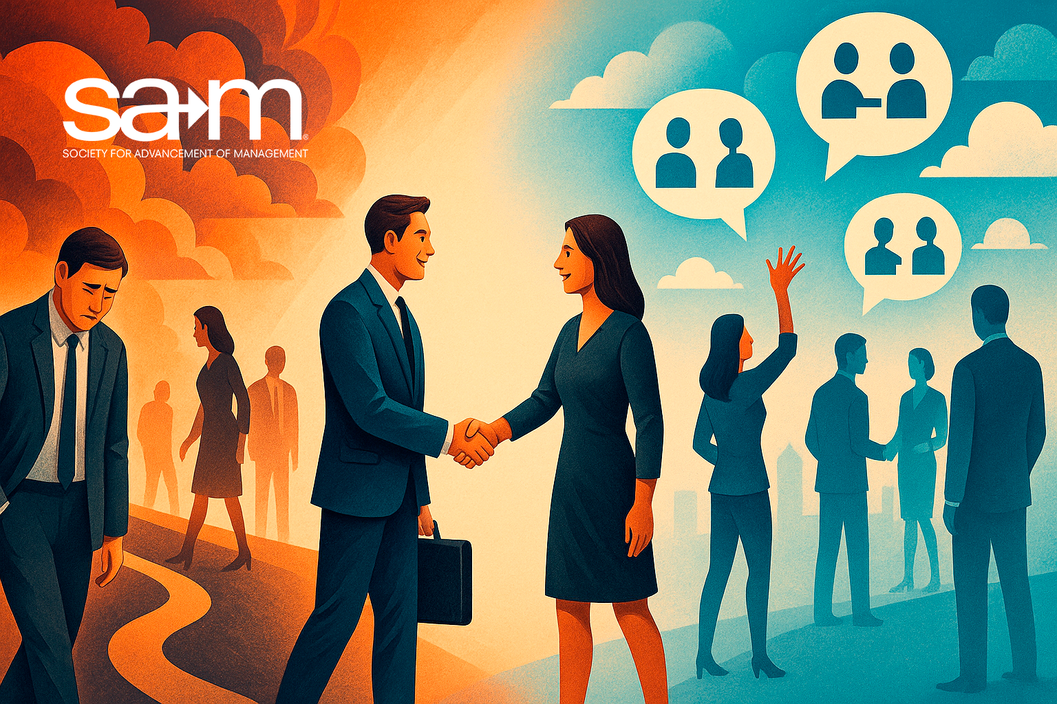 A stylized digital illustration showing the emotional journey of networking. On the left, under stormy orange clouds, a man walks alone with his head down, symbolizing rejection. At the center, a man and woman in professional attire shake hands in a neutral light, representing connection. On the right, under a bright blue sky with conversation icons and clouds, multiple people engage in positive networking interactions, including handshakes and group discussions. The background features a winding path that connects all three scenes, illustrating personal growth and transformation.