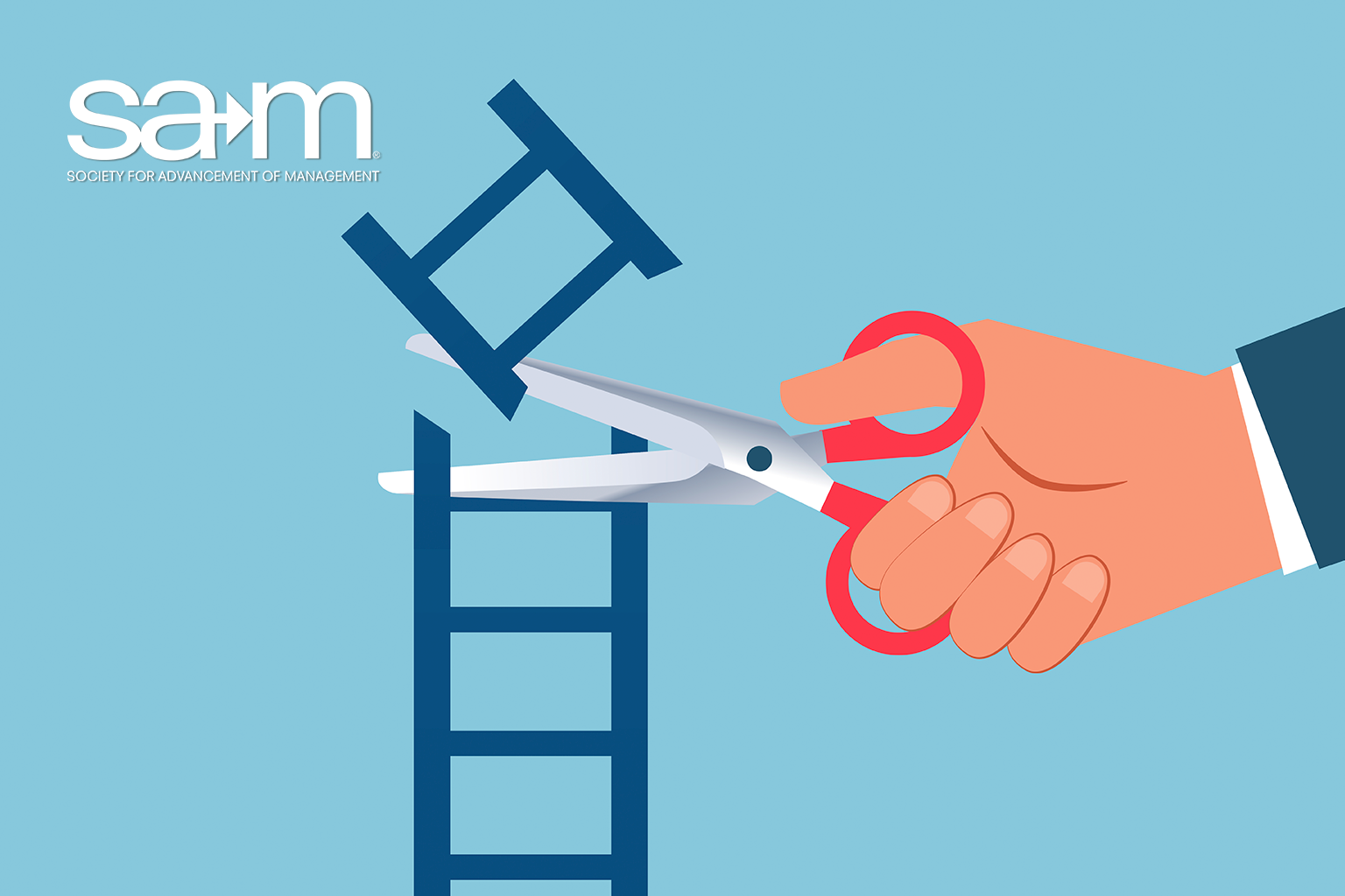 Illustration of a hand holding scissors cutting the top rung off a blue ladder, symbolizing a shortened career path. The logo for the Society for Advancement of Management appears in the top left corner. The background is a solid light blue.