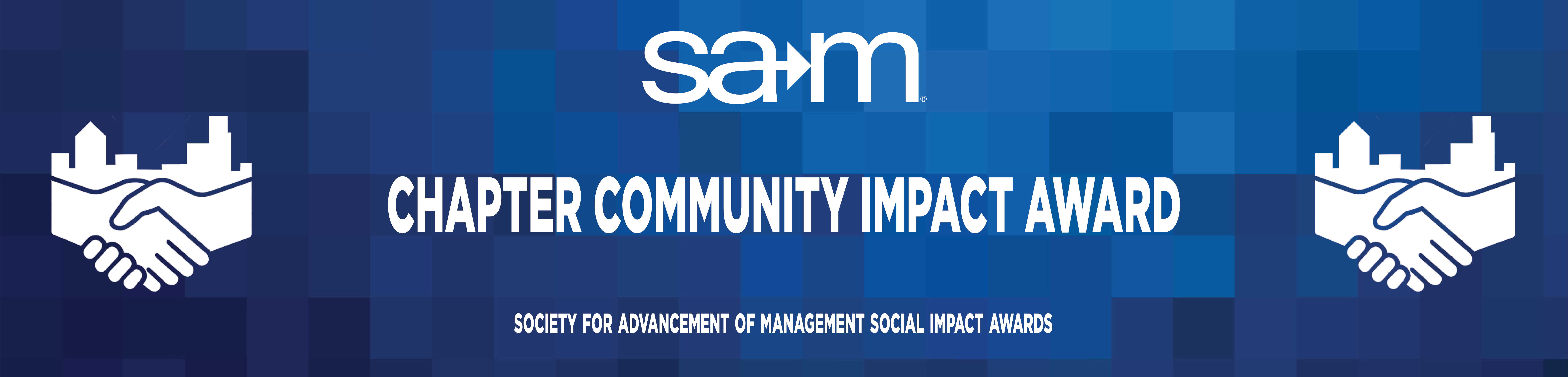 On a blue pixelated gradient background, white trophy silhouettes flank the centered SAM logo at the top. Below that, bold white centered text reads “Resource Conservation Award,” and at the bottom small white letters spell out “Society for Advancement of Management Social Impact Awards.”