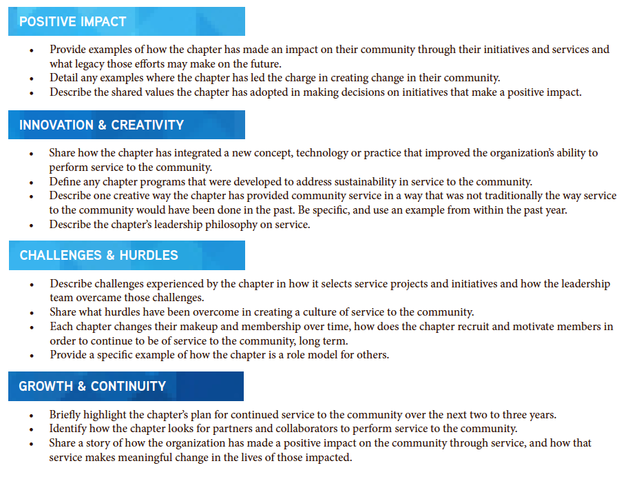 Provide examples of how the chapter has made an impact on their community through their initiatives and services and what legacy those efforts may make on the future. • Detail any examples where the chapter has led the charge in creating change in their community. • Describe the shared values the chapter has adopted in making decisions on initiatives that make a positive impact. • Share how the chapter has integrated a new concept, technology or practice that improved the organization’s ability to perform service to the community. • Define any chapter programs that were developed to address sustainability in service to the community. • Describe one creative way the chapter has provided community service in a way that was not traditionally the way service to the community would have been done in the past. Be specific, and use an example from within the past year. • Describe the chapter’s leadership philosophy on service. • Describe challenges experienced by the chapter in how it selects service projects and initiatives and how the leadership team overcame those challenges. • Share what hurdles have been overcome in creating a culture of service to the community. • Each chapter changes their makeup and membership over time, how does the chapter recruit and motivate members in order to continue to be of service to the community, long term. • Provide a specific example of how the chapter is a role model for others. • Briefly highlight the chapter’s plan for continued service to the community over the next two to three years. • Identify how the chapter looks for partners and collaborators to perform service to the community. • Share a story of how the organization has made a positive impact on the community through service, and how that service makes meaningful change in the lives of those impacted.
