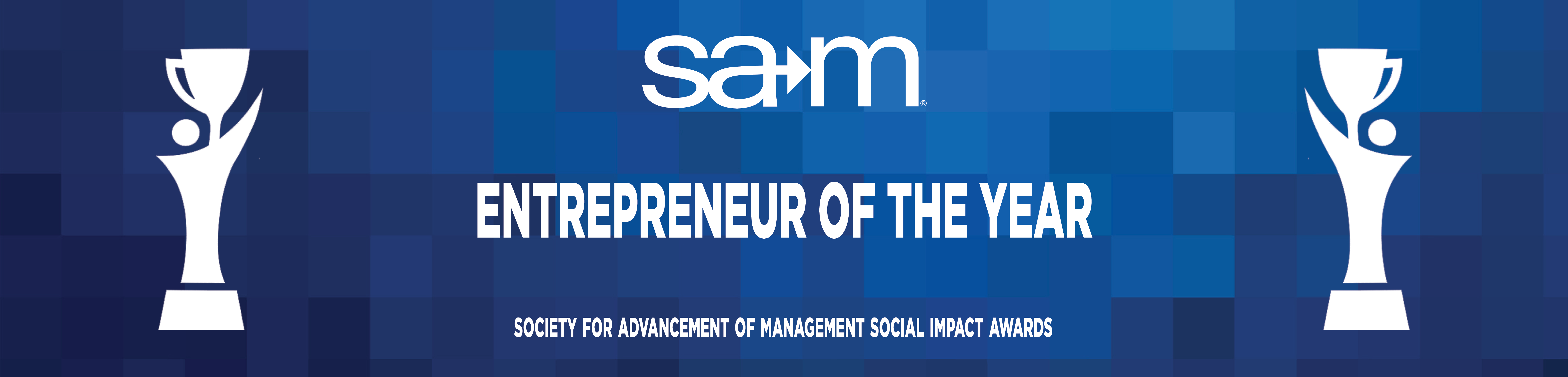 On a blue pixelated gradient background, white trophy silhouettes flank the bold white centered text “Entrepreneur of the Year.”