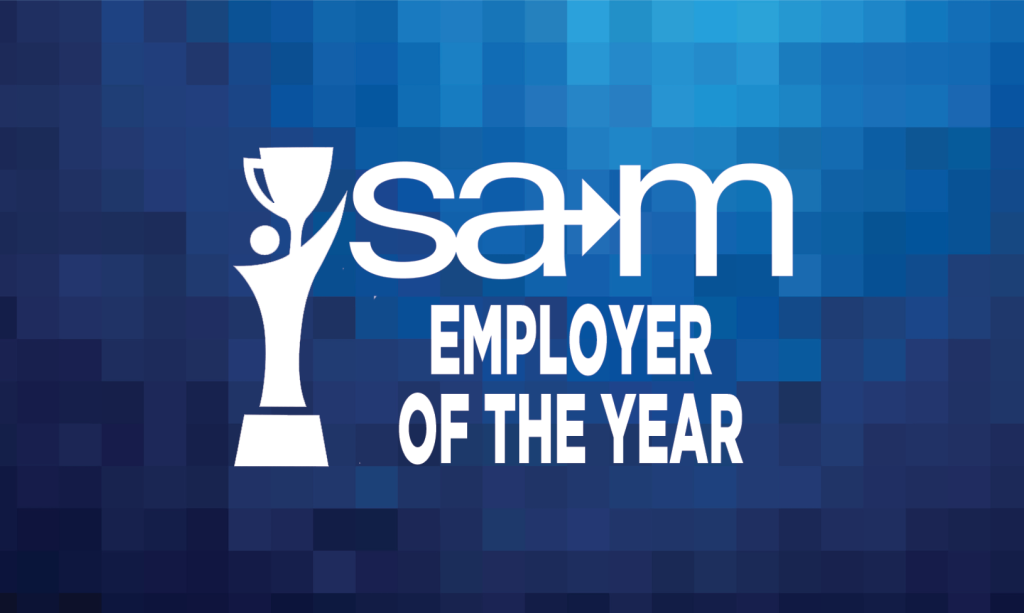 On a blue pixelated gradient background, a white stylized figure holds up a trophy beside the SAM logo with an integrated arrow, and below it the words “Employer of the Year” appear in bold white lettering.