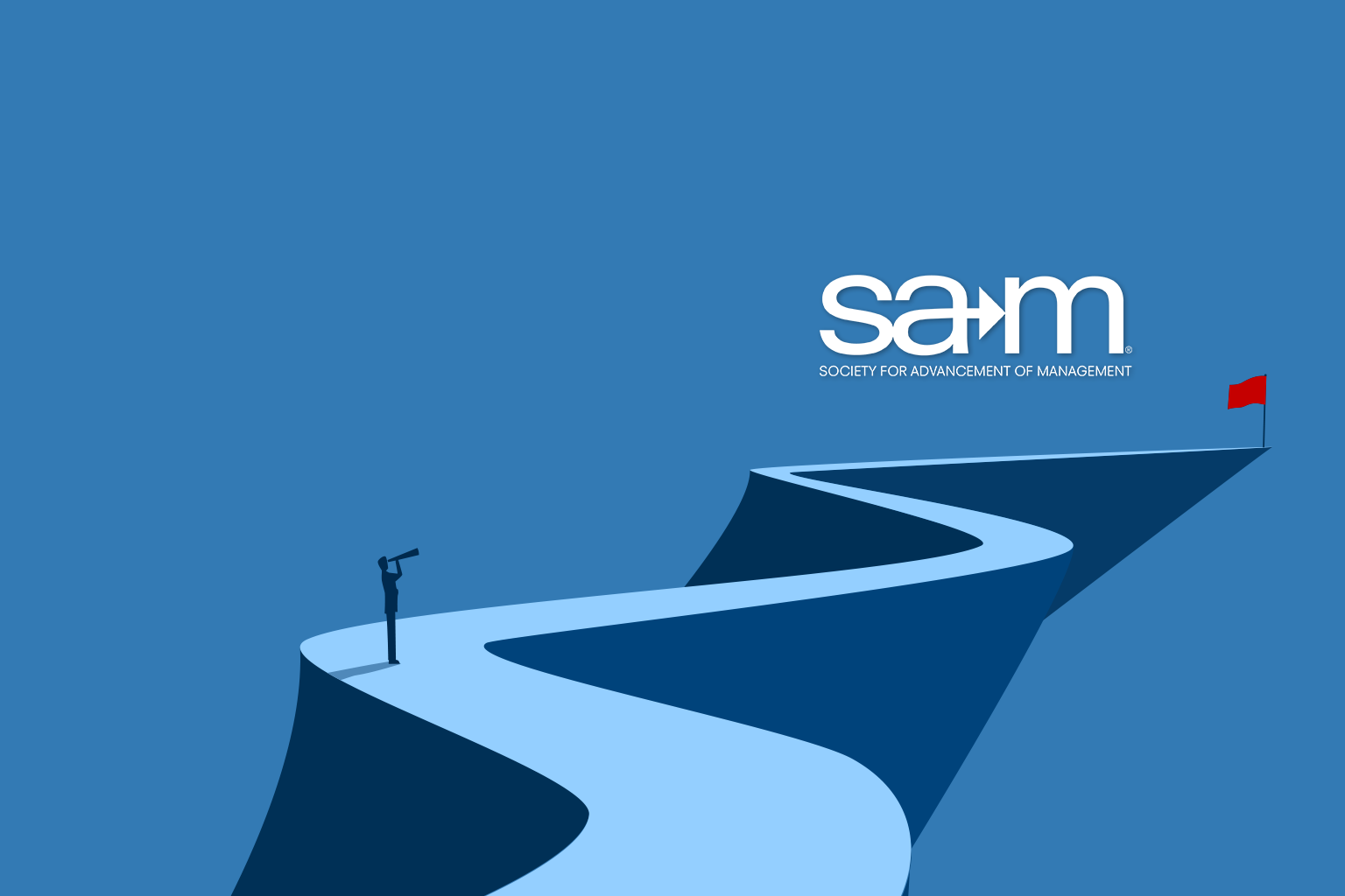 A stylized graphic of a lone figure standing on a winding, elevated pathway that curves toward a distant red flag on the horizon, gazing through a telescope beneath the white “sam” logo of the Society for Advancement of Management against a solid blue background.