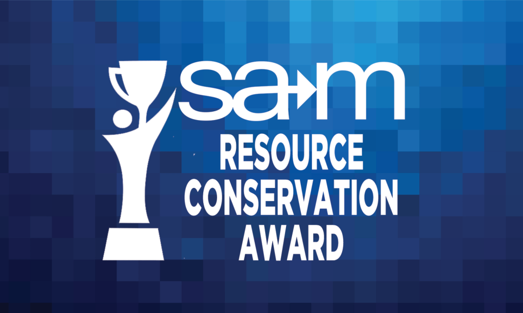 On a blue pixelated gradient background, a white stylized figure holds up a trophy beside the white SAM logo with an integrated arrow, and below it the bold white text reads “Resource Conservation Award.”