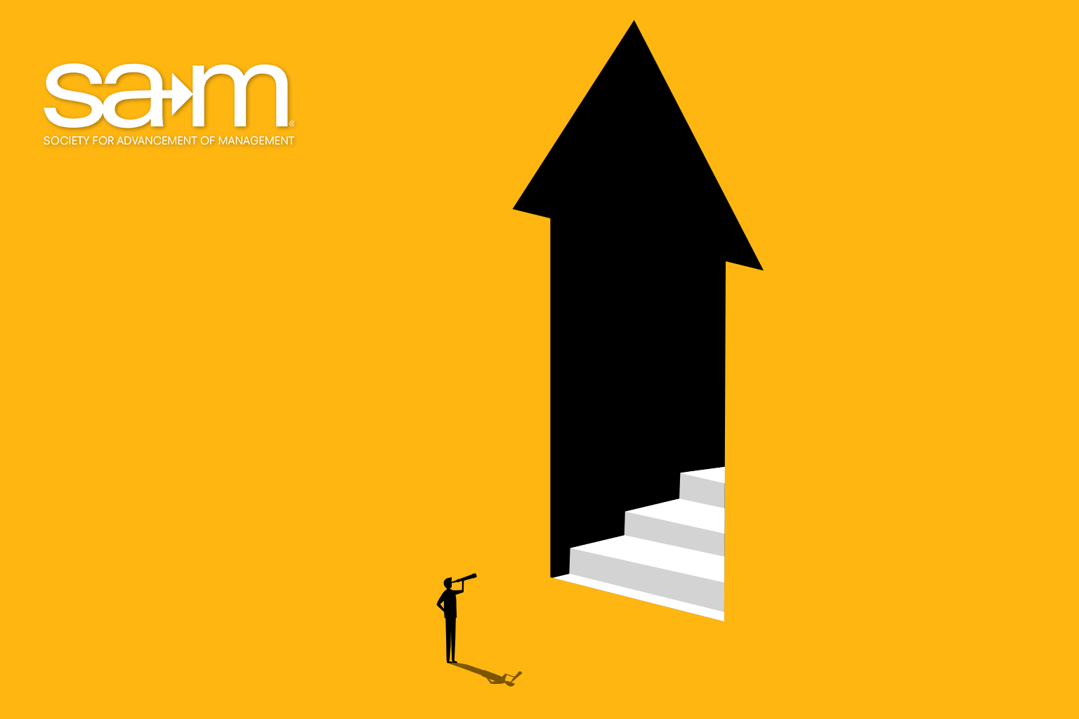 On a bright golden background the white “SAM” logo appears in the top left. A large black arrow pointing upward fills the right side, with a cutout revealing white stairs leading into its interior. At the lower left a small black silhouette of a person holds a telescope and gazes at the steps.