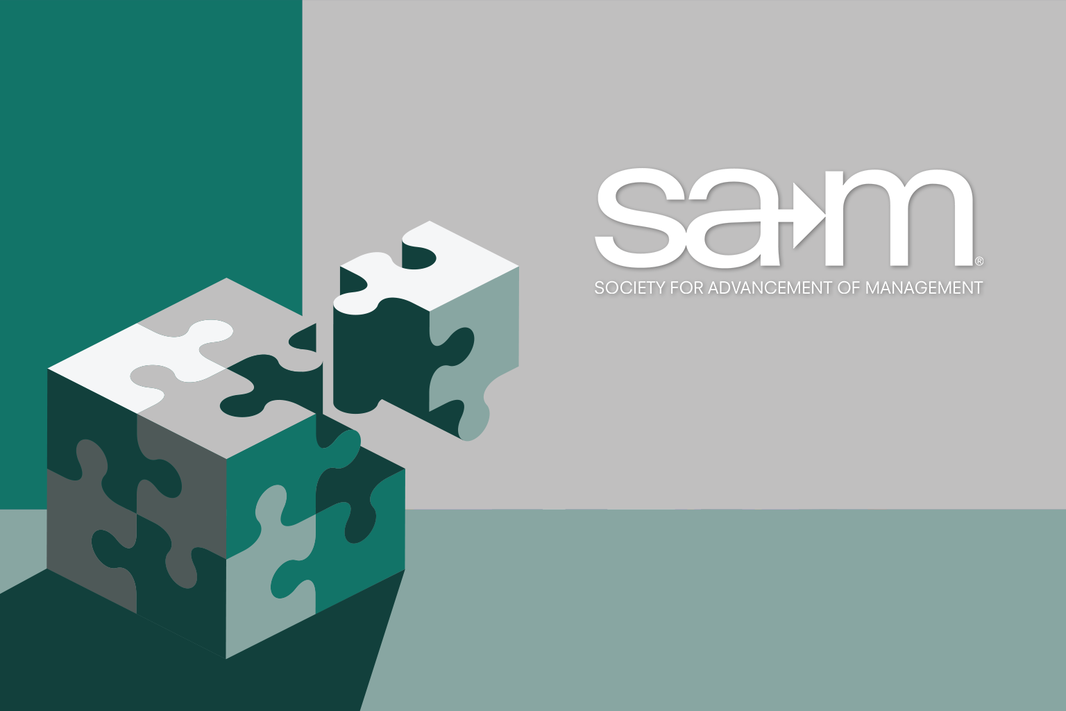 Abstract illustration of puzzle pieces forming a 3D cube, with one piece floating slightly above as if being added. The image uses shades of green, gray, and white. The SAM (Society for Advancement of Management) logo appears prominently on the right side, symbolizing problem-solving, balance, and integration in management.