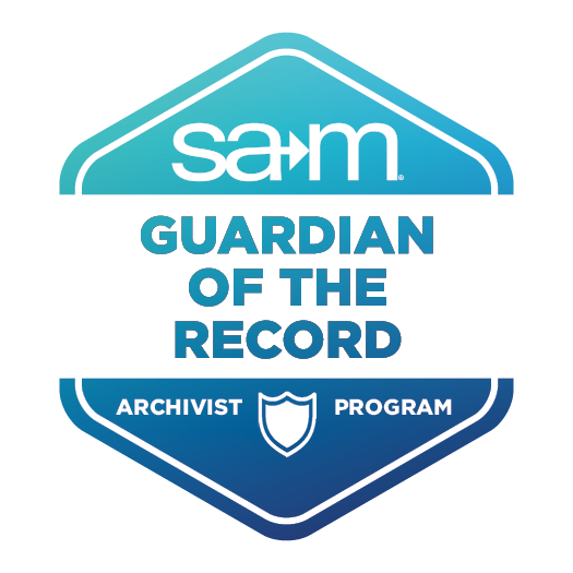 Guardian of the Record badge from the SAM Archivist Program. The hexagon-shaped design features the SAM logo at the top, the text 'Guardian of the Record' in the center, and 'Archivist Program' with a shield icon at the bottom in a gradient of teal to navy blue.
