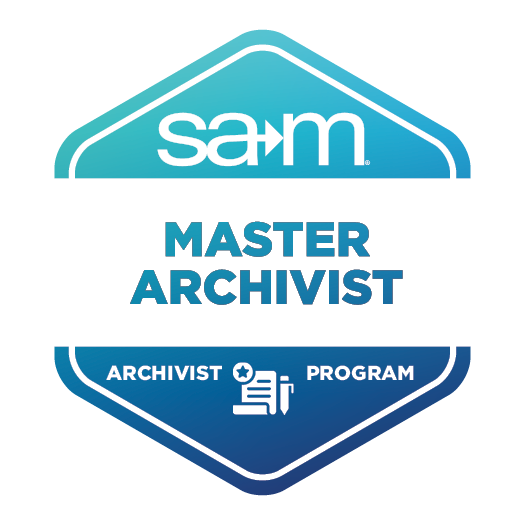 Master Archivist badge from the SAM Archivist Program. The hexagon-shaped design features the SAM logo at the top, the text 'Master Archivist' in the center, and 'Archivist Program' with an icon of stacked documents and a star at the bottom in a gradient of teal to navy blue.