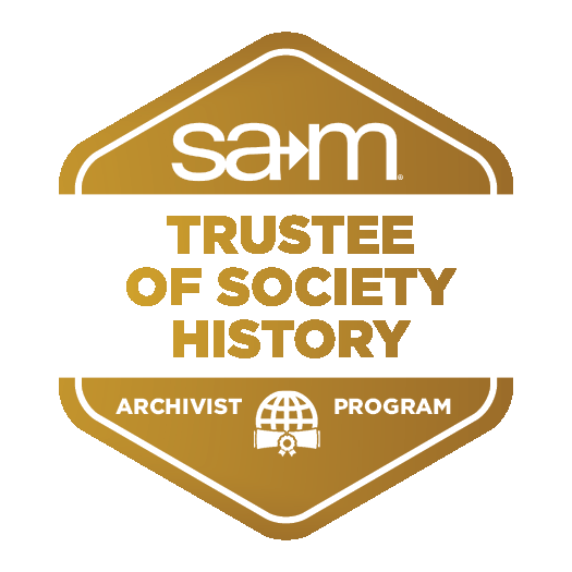 Trustee of Society History badge from the SAM Archivist Program. The hexagon-shaped design features the SAM logo at the top, the text 'Trustee of Society History' in the center, and 'Archivist Program' with a globe and certificate icon at the bottom in a gold gradient.