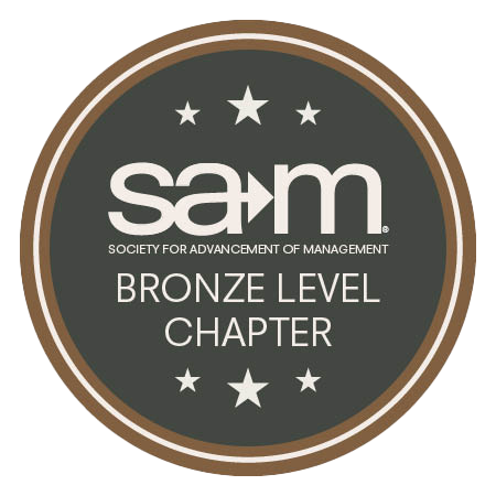 Bronze Level Chapter badge from the Society for Advancement of Management. The circular badge has a dark bronze background with the SAM logo at the center, surrounded by stars, and the text 'Bronze Level Chapter' displayed below.
