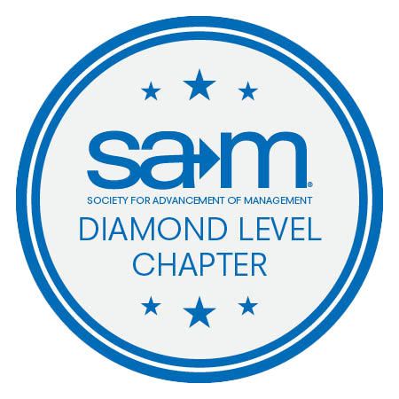 Diamond Level Chapter badge from the Society for Advancement of Management. The circular badge has a white background with a dark blue border, the SAM logo at the center, surrounded by stars, and the text 'Diamond Level Chapter' displayed below.