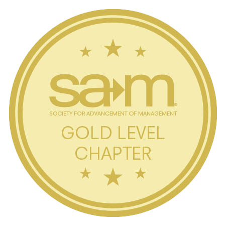 Gold Level Chapter badge from the Society for Advancement of Management. The circular badge has a gold background with the SAM logo at the center, surrounded by stars, and the text 'Gold Level Chapter' displayed below.