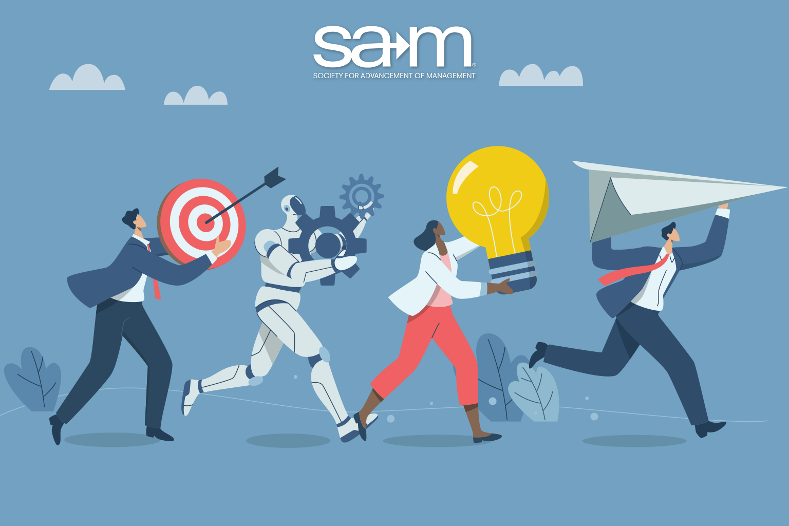 Illustration of four figures running forward together: a businessman carrying a target with an arrow, a robot holding gears, a woman carrying a glowing light bulb, and another businessman lifting a paper airplane. The scene symbolizes innovation, teamwork, technology, and forward-looking leadership. The Society for Advancement of Management (SAM) logo appears at the top.