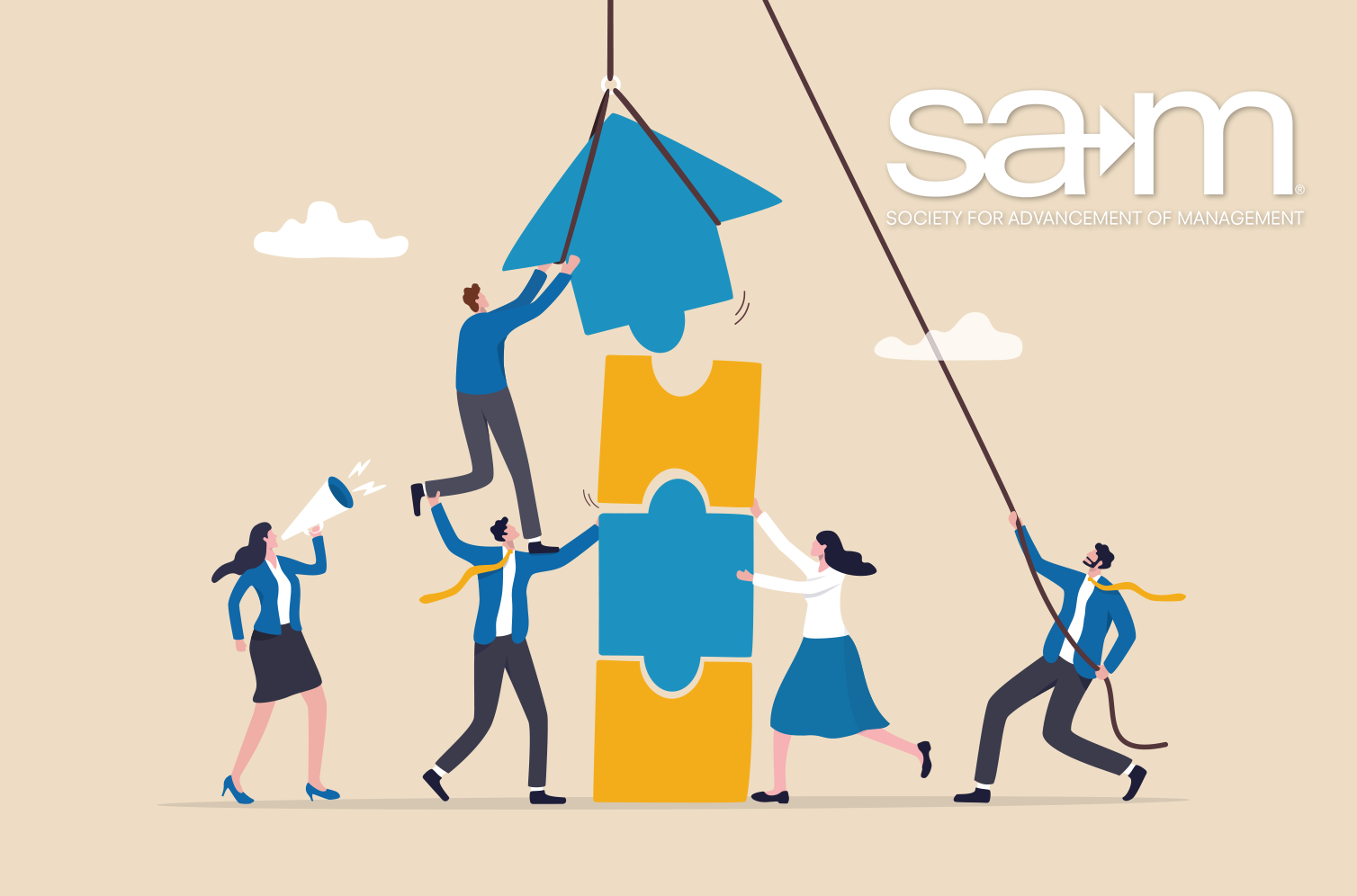 Illustration of five business professionals working together to build a tower of puzzle pieces, with one person using a rope to guide the top piece into place. The puzzle pieces are stacked in blue and yellow, symbolizing teamwork and collaboration. The Society for Advancement of Management (SAM) logo is displayed in the top right corner.