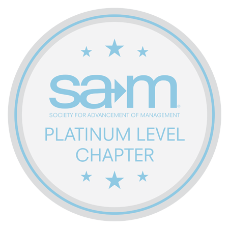 Platinum Level Chapter badge from the Society for Advancement of Management. The circular badge has a light platinum background with the SAM logo at the center, surrounded by stars, and the text 'Platinum Level Chapter' displayed below.