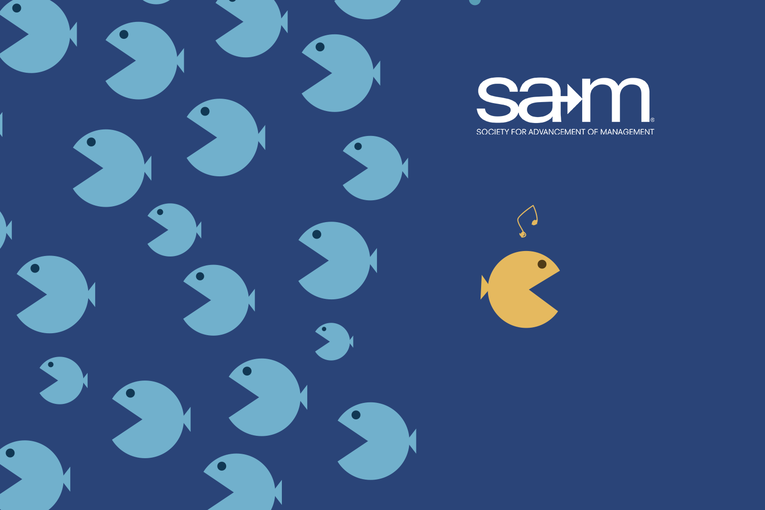 Illustration of several blue fish-like figures swimming left on a dark blue background, while one distinct yellow fish swims right with musical notes above its head. The image symbolizes individuality and confidence. The Society for Advancement of Management (SAM) logo appears in white on the right side.