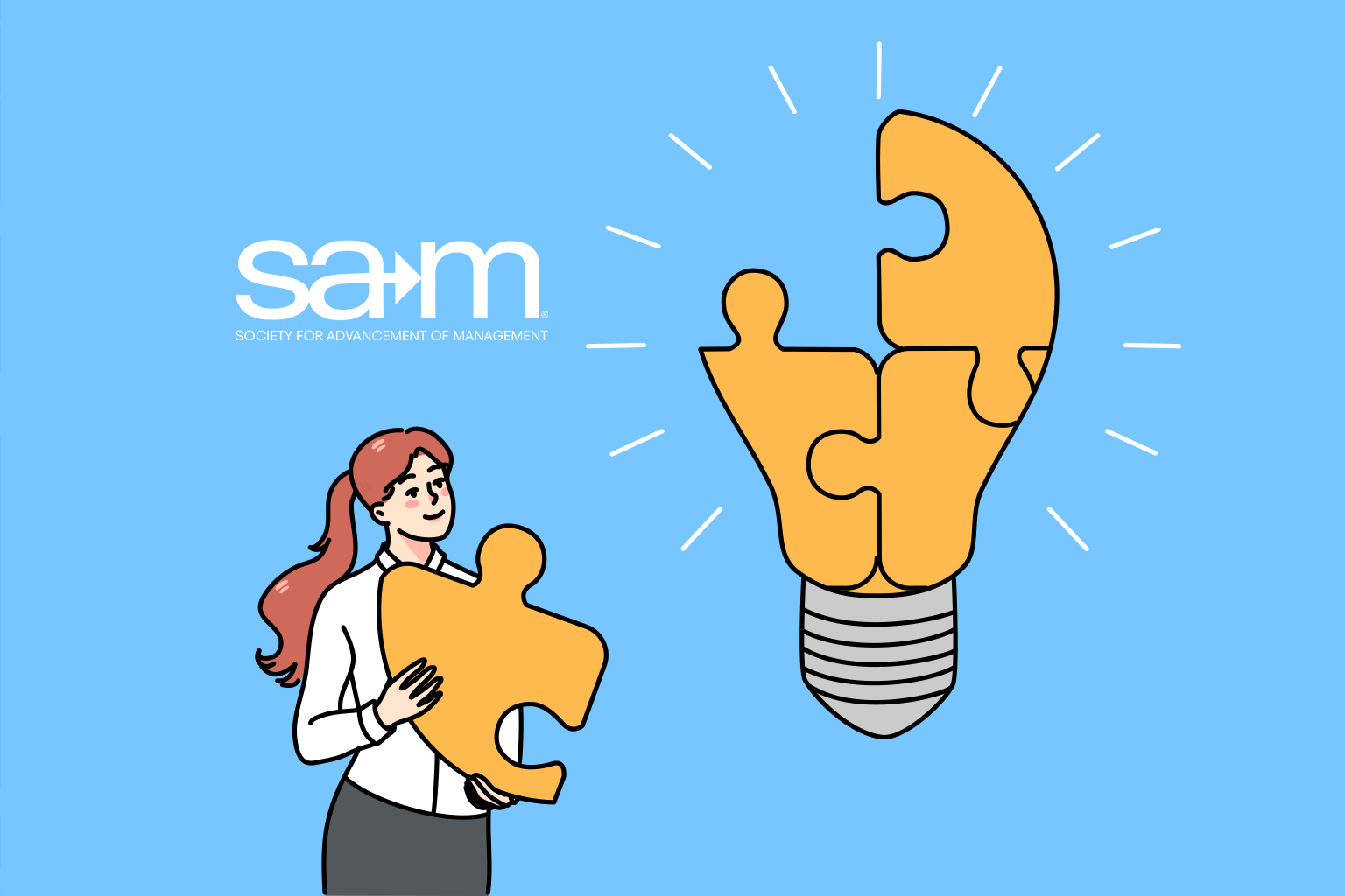 Illustration of a woman holding a large yellow puzzle piece, preparing to fit it into a lightbulb made of similar puzzle pieces. The lightbulb is glowing, symbolizing creativity and innovation. The background is light blue with the Society for Advancement of Management (SAM) logo in white on the left.